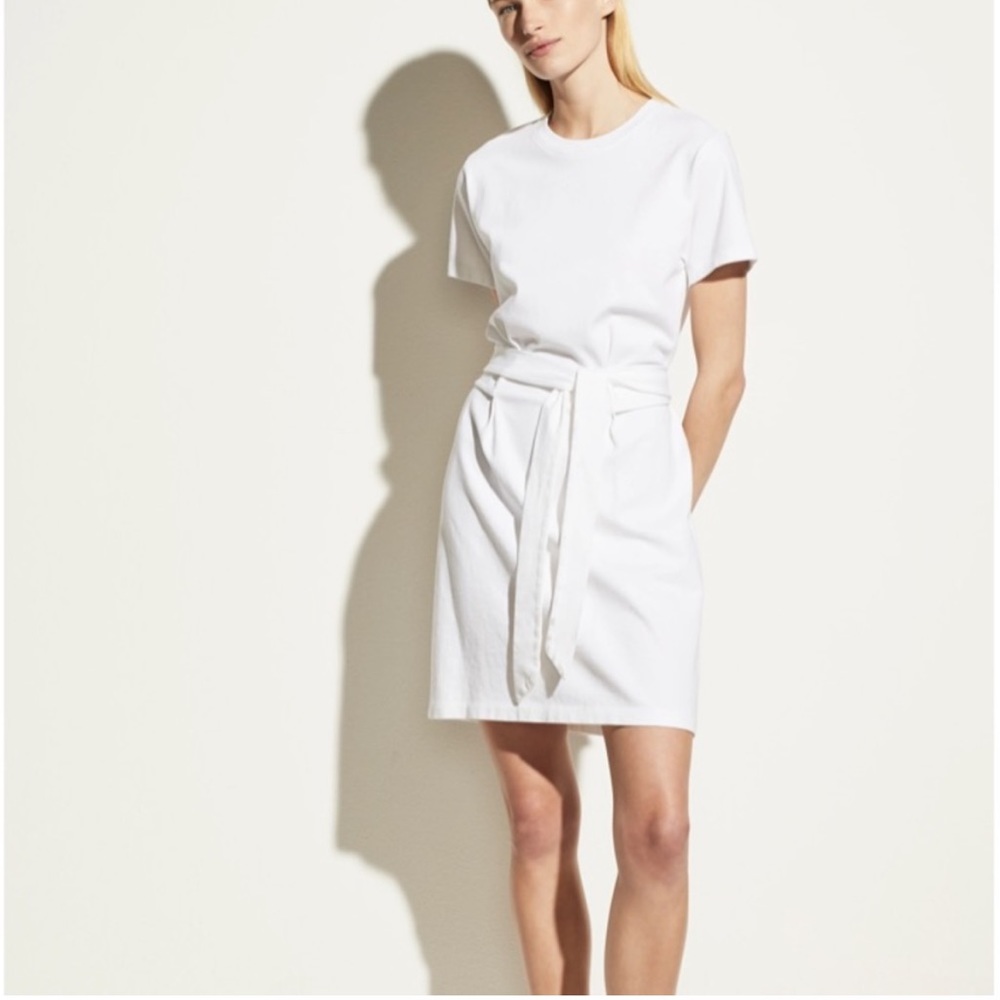 Vince Short Sleeve Tie Waist T-Shirt Dress White Medium